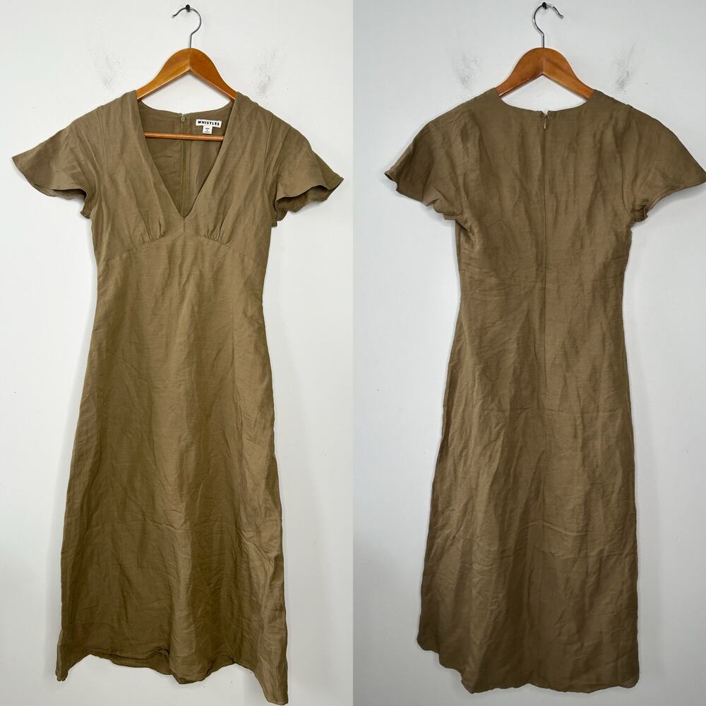 WHISTLES Midi Dress Womens Size 2 Linen Cotton Minimalist Olive Indie Goblincore - Picture 2 of 8